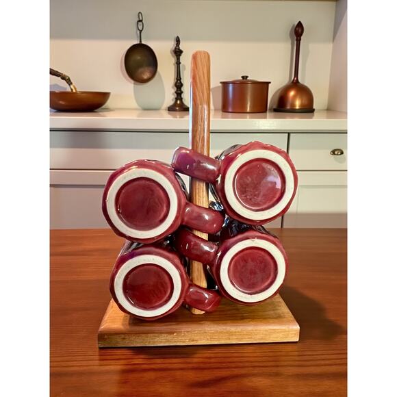 Rodolfo Padilla Drip Glaze Stoneware Mugs-Set of 4-Wood Stand-Mexico-Pottery-Red - Picture 10 of 11